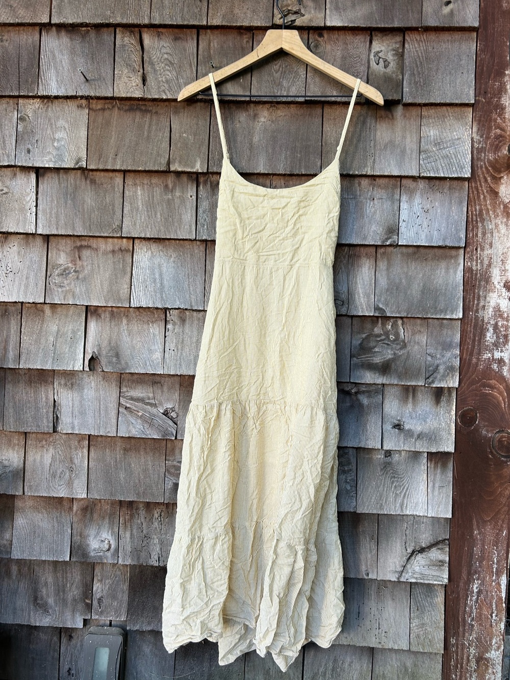 Rhythm. Tie Back Striped Yellow Cotton Midi Tiered Dress